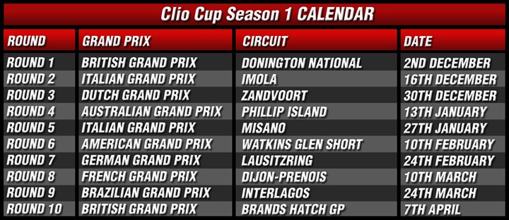 SimLeague_orc's tweet photo. We are delighted to present the full season calendar of the Clio Cup Championship season 1!
The rounds will be held on Saturdays at 21:00 (… https://t.co/3gIDUfLQuZ