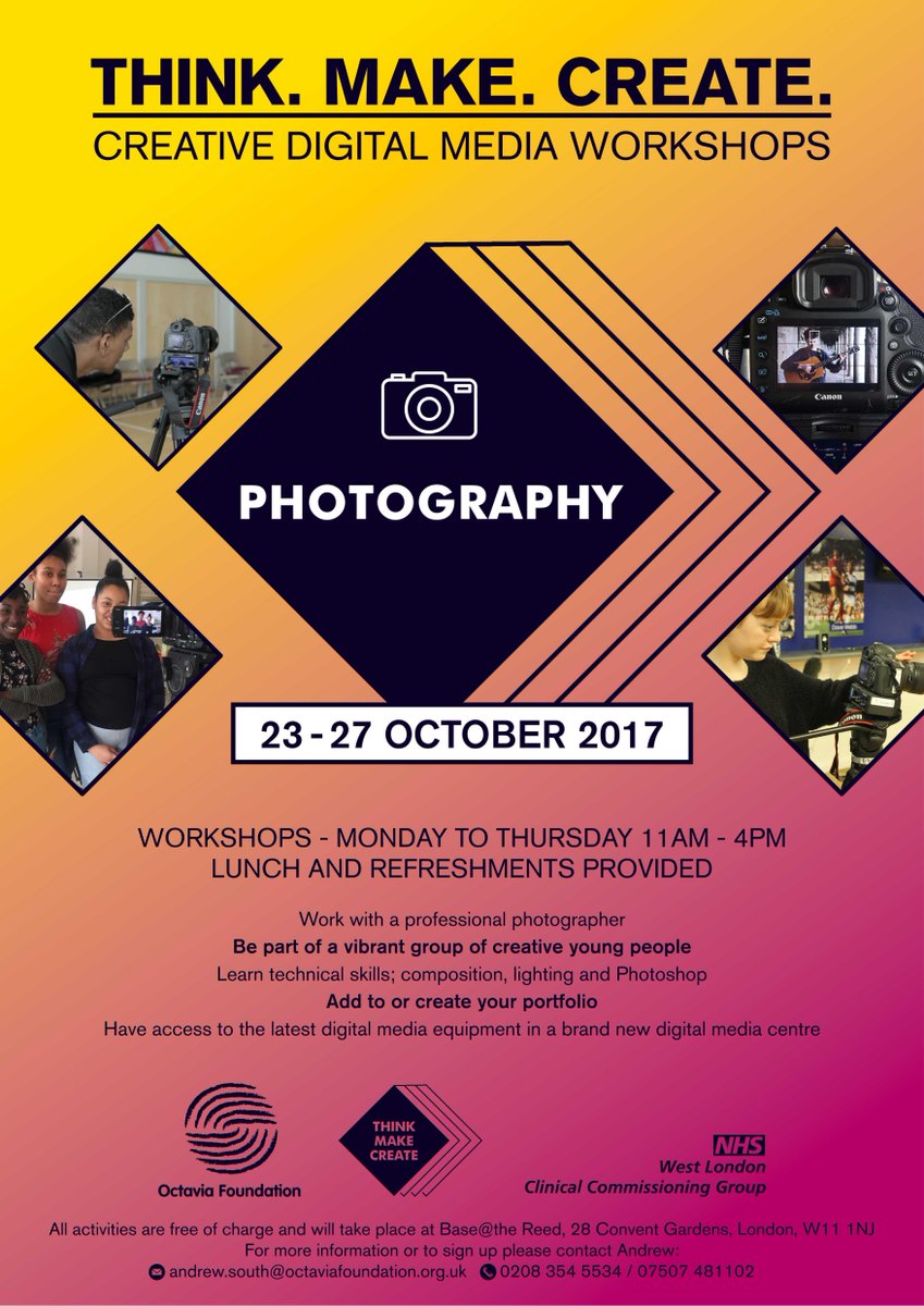 WestwayTrust's tweet photo. Free photography workshops for under 18s with @Octavia_Fdn . https://t.co/ATgSaGST6e #ThinkMakeCreate https://t.co/wQ4i5yhoao