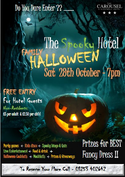 BPoolCarousel's tweet image. The "SPOOKY"  Carousel Hotel Family Halloween 28/10/17 Do You Dare Enter?? FREE For Hotel Guests + Non-Residents - £5 adult &amp;amp; £2.50 child