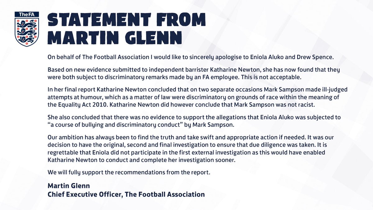 FAspokesperson's tweet photo. FA statement from Martin Glenn https://t.co/mLvexO8R2T