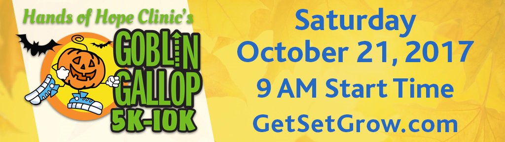 Join @GetSetGrowNow for the 14th Annual Goblin Gallop benefiting Hands of Hope Clinic! 🎃🏃 ow.ly/L1wY30fUuix #handsofhope #goblingallop