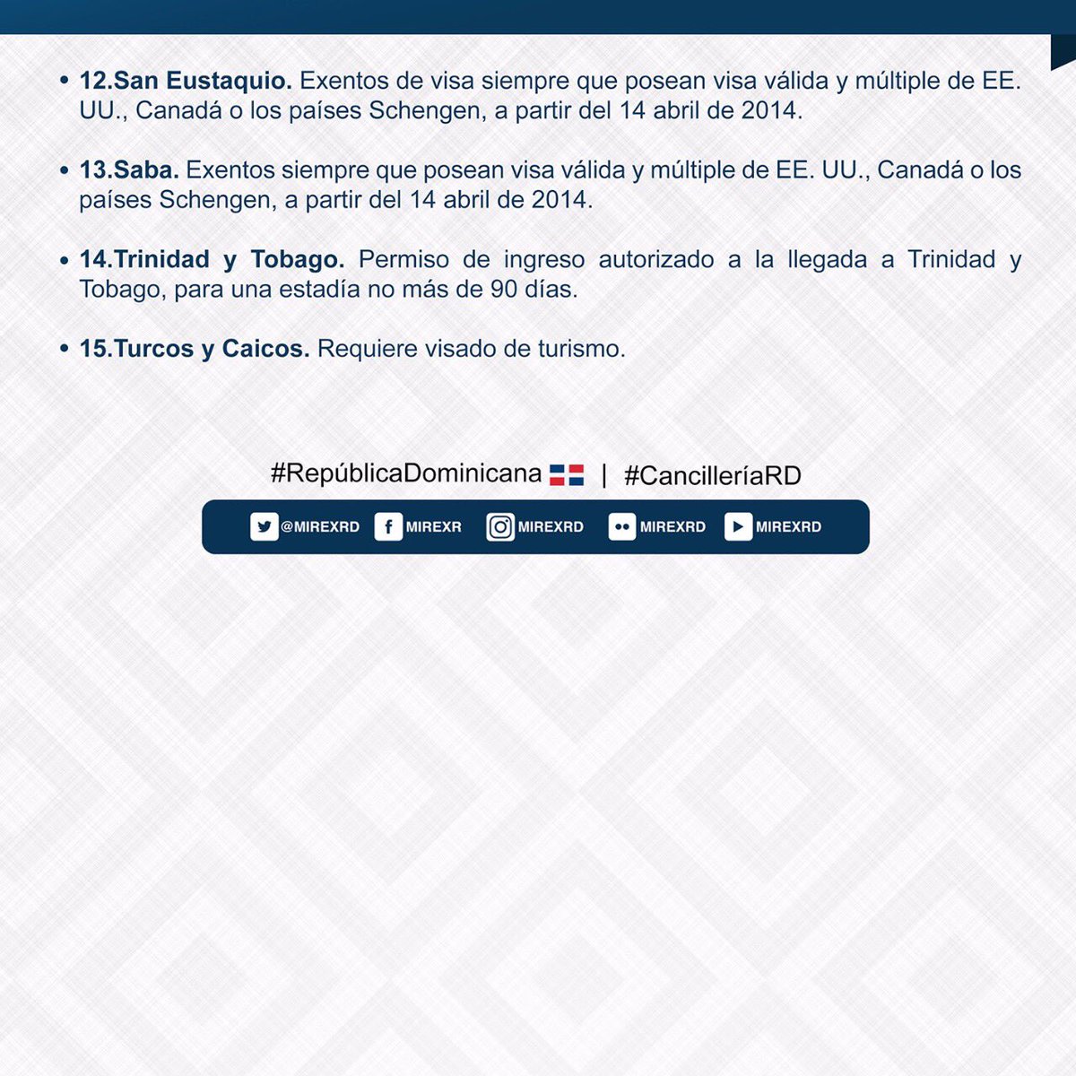 MIREXRD's tweet photo. 🌐#InfoMIREXRD 🇩🇴
Condiciones de ingreso y permanencia de dominicanos hacia países extranjeros de #IslasDelCaribe, con pasaporte ordinario. https://t.co/DX74C4vYoQ