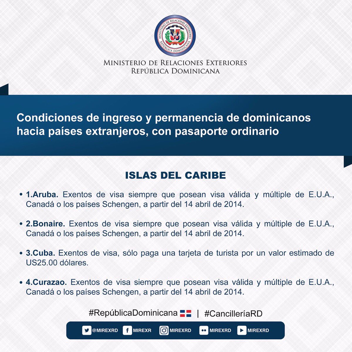 MIREXRD's tweet photo. 🌐#InfoMIREXRD 🇩🇴
Condiciones de ingreso y permanencia de dominicanos hacia países extranjeros de #IslasDelCaribe, con pasaporte ordinario. https://t.co/DX74C4vYoQ