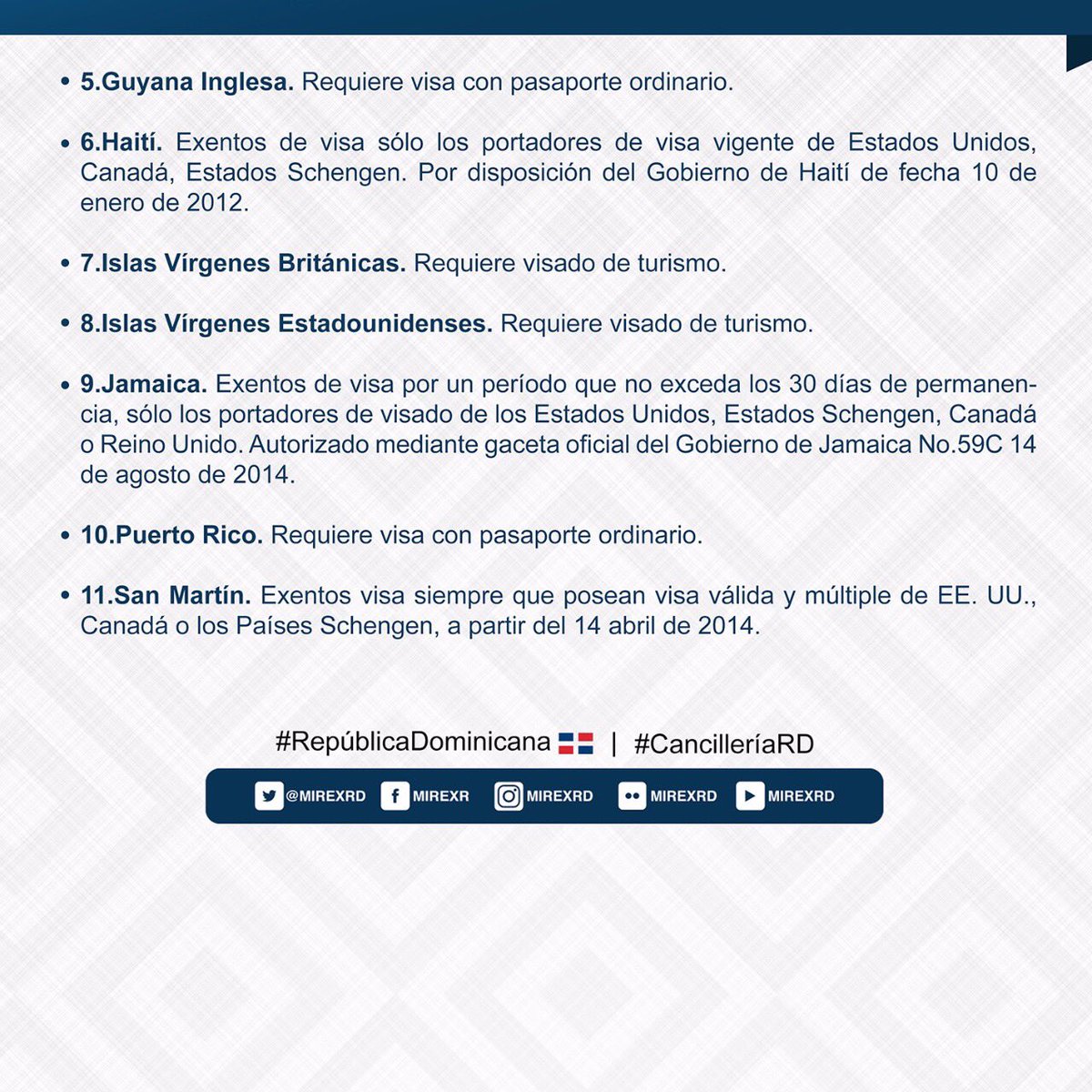 MIREXRD's tweet photo. 🌐#InfoMIREXRD 🇩🇴
Condiciones de ingreso y permanencia de dominicanos hacia países extranjeros de #IslasDelCaribe, con pasaporte ordinario. https://t.co/DX74C4vYoQ