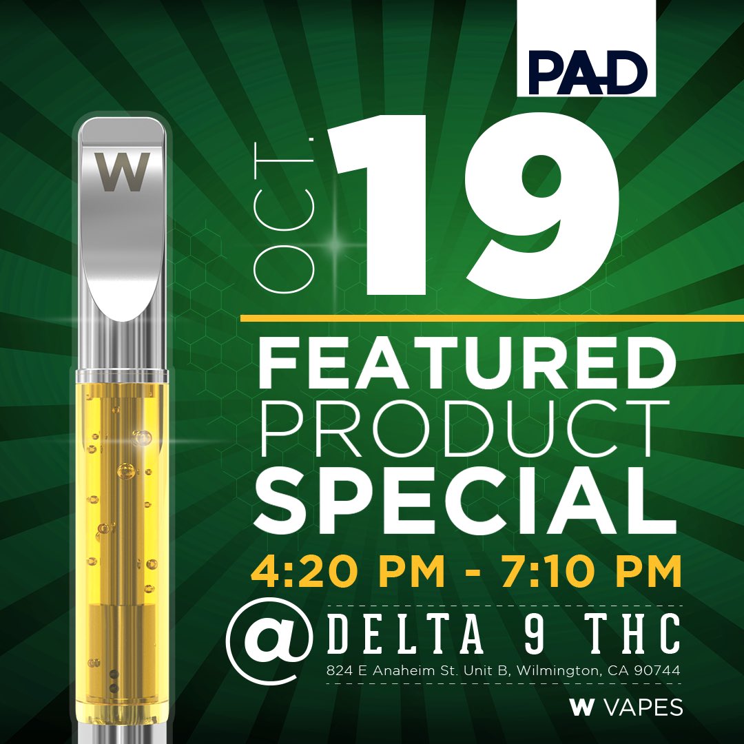 W_Vapes's tweet photo. Stop by @DELTANINE_THC tomorrow for our featured product special!
#Wvapes #justhitit #thisismyw #delta9 #PAD #California #Vape #cannabis https://t.co/8aTI4fCEie