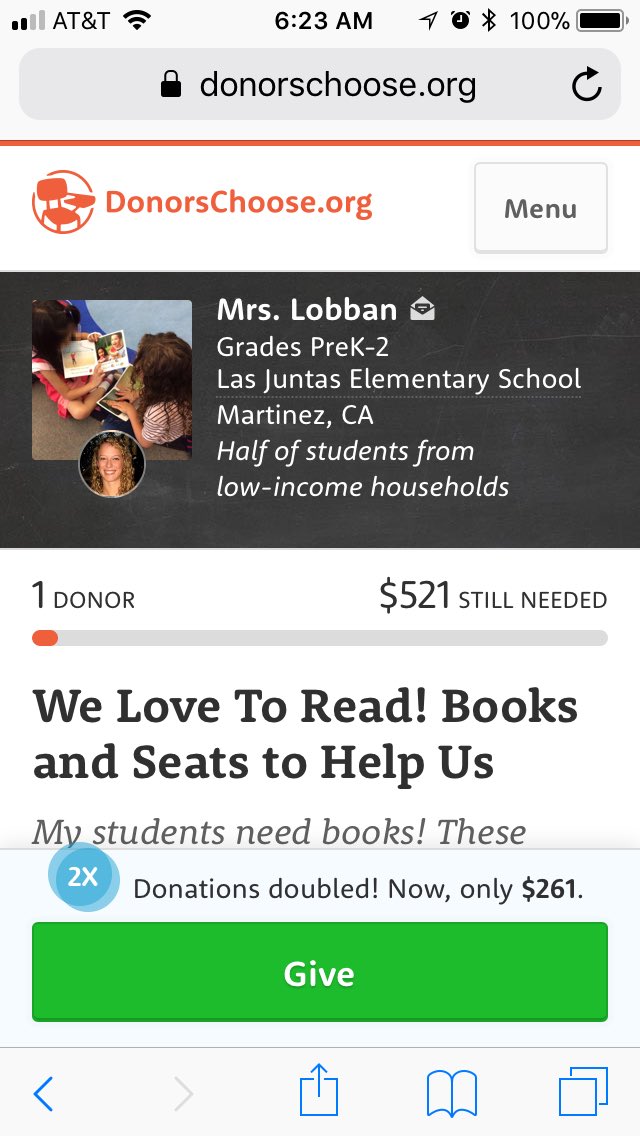 LobbanMichelle's tweet photo. Today only - Gates Foundation is doubling donations on https://t.co/YV66GNUCFC! “We Love to Read! Books and Seats to Help Us” @ljebullpups https://t.co/r18CyOuXlp