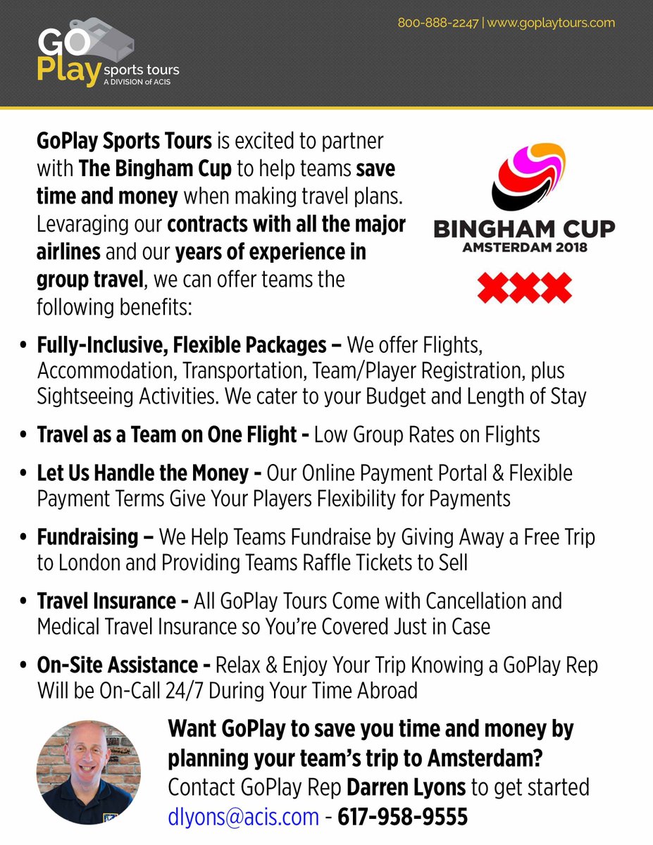 Booking from #NorthAmerica to #BinghamCup2018? @GoPlaySoccerUSA is here to help! Contact Darren on 617-958-9555 to start planning! #travel