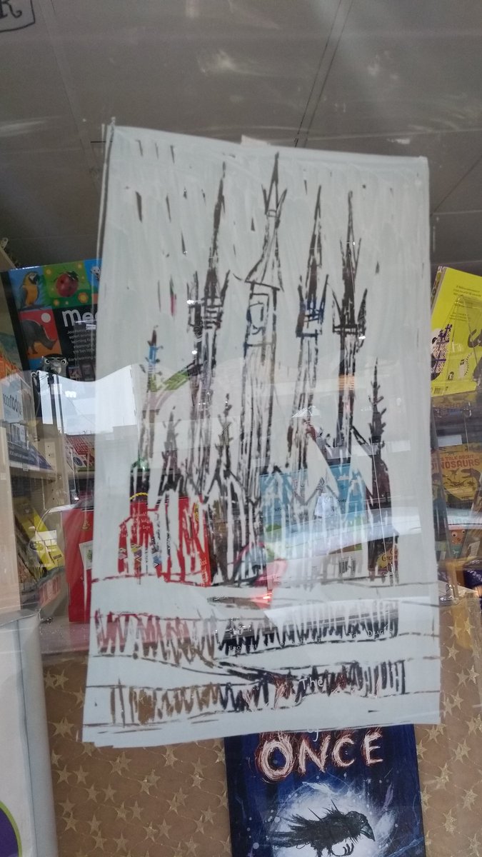 KidsBloomsbury's tweet photo. Close ups of @crispriestley 's awesome illustrations almost finished the #illustratedwindow @chickenandfrog #MaudlinTowers https://t.co/yWJIRtyMQv