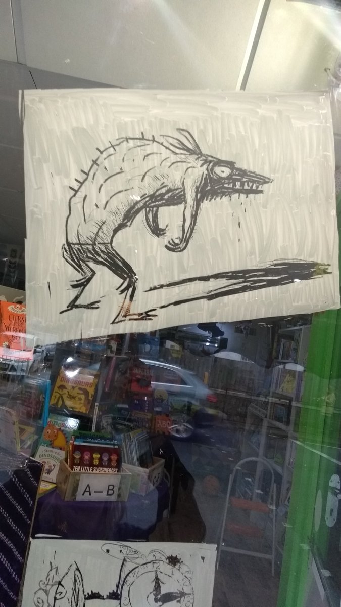 KidsBloomsbury's tweet photo. Close ups of @crispriestley 's awesome illustrations almost finished the #illustratedwindow @chickenandfrog #MaudlinTowers https://t.co/yWJIRtyMQv