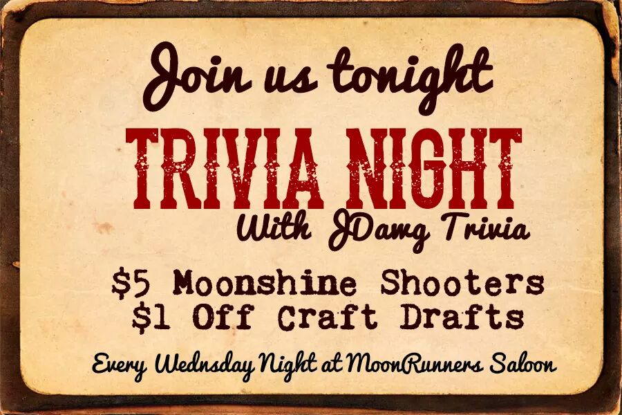 Trivia is on tap tonight <a href="/MnRnrsSaloon/">MoonRunners Saloon</a> starting at 8pm!