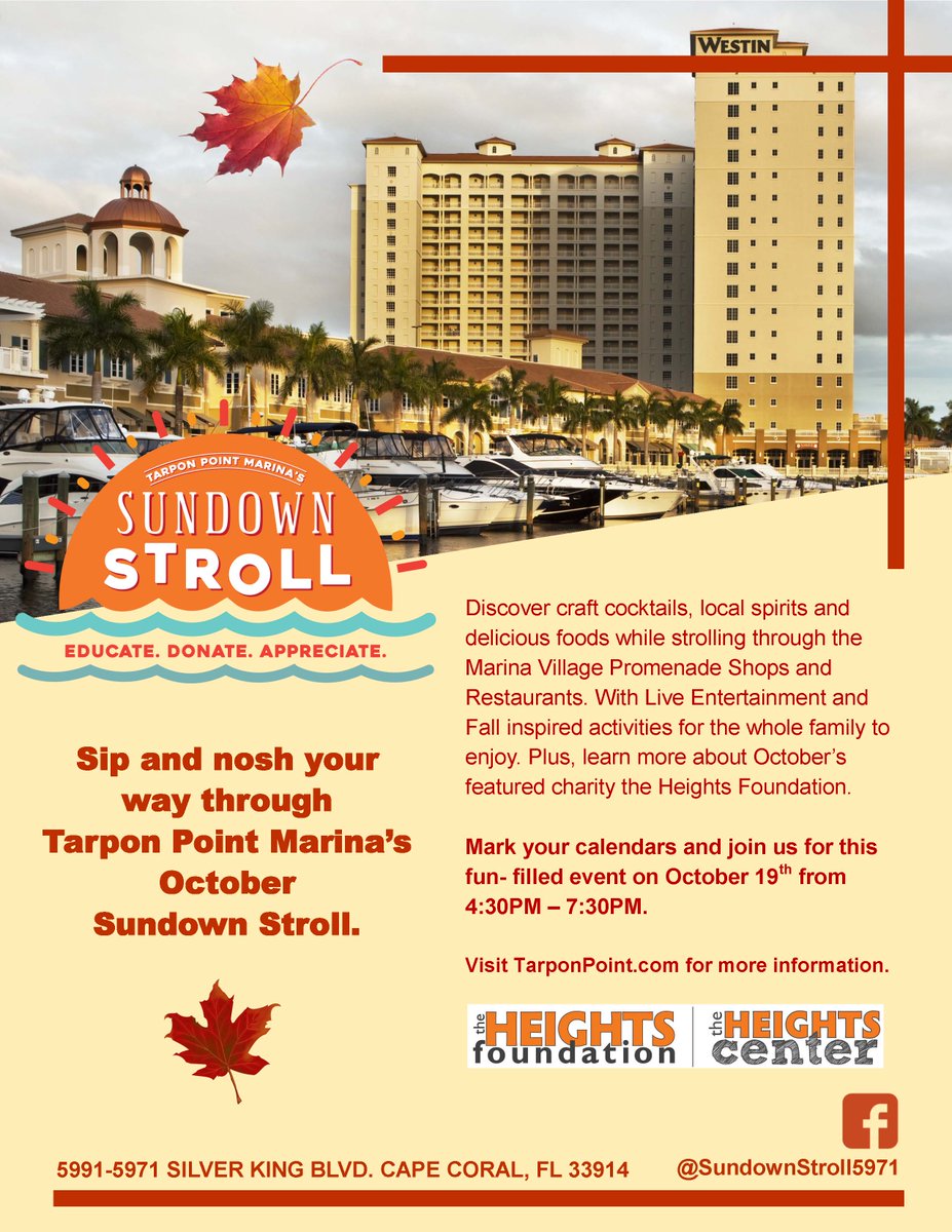 heightscntr's tweet photo. #sunset #stroll @WestinCapeCoral #raffle #food #fun benefiting The Heights Foundation  #thursday  #tarponpoint #capecoral https://t.co/Mei1A5fYml