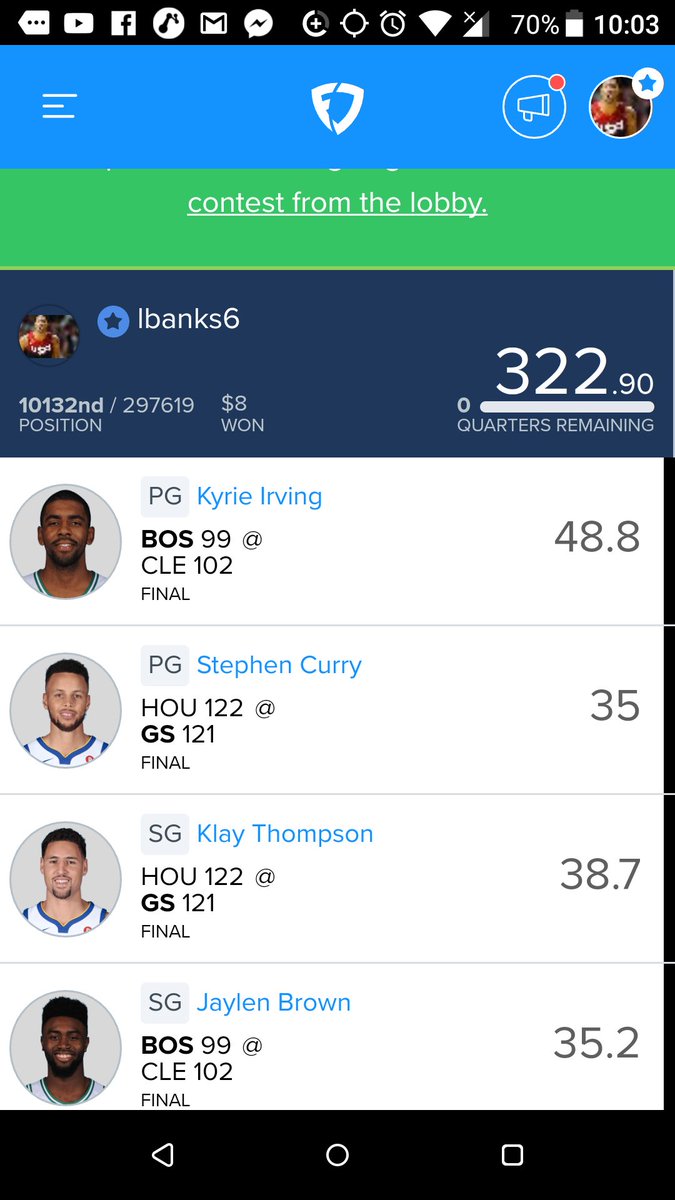 Drocketlinups's tweet photo. Win win win Come win with us on Fanduel https://t.co/aEALJYwN4x