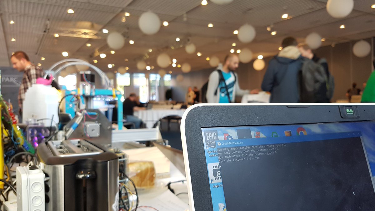 MarinaStephanov's tweet photo. At @syn2cat booth at #hacklu2017 there's Club Mate on sale and @nH10_9 coded on the spot a programme to do the maths. #Quick https://t.co/c3v2rCdtSF
