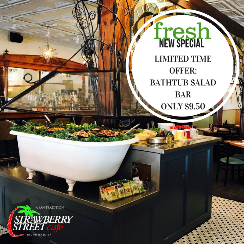 strawstreetcafe's tweet photo. LIMITED TIME ONLY- Enjoy our famous #Bathtub #SaladBar for only $9.50, lunch & dinner! DIne in only. #RVA #RVASpecials #RVAExclusives https://t.co/TKeo2trBIF
