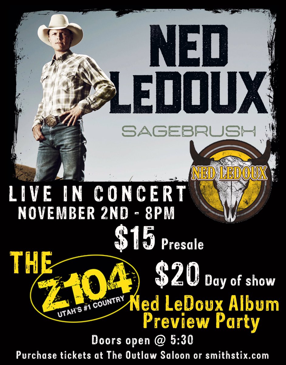 TheOutlawSaloon's tweet photo. The Z104 Ned LeDoux Album Preview Party - Ned LeDoux in Concert @ The Outlaw Saloon $15 Presale $20 Day of Show Nov 2nd https://t.co/QT9nN9y6nN
