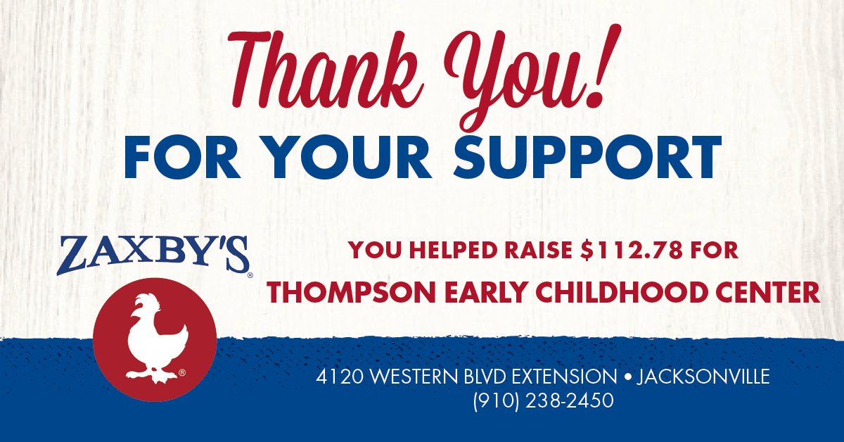 ThompsonPreK's tweet photo. Thanks for your continued support at our Zaxby's fundraisers! https://t.co/TmlWwKjofl