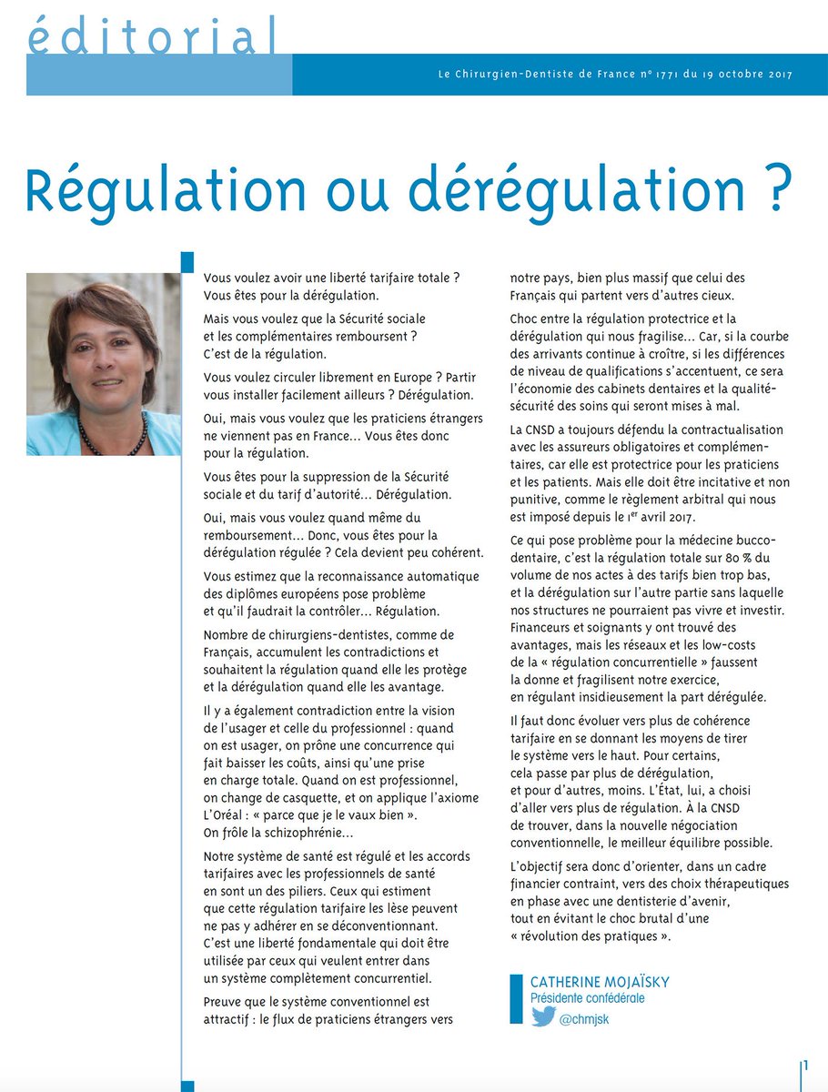 CDFmag's tweet photo. [Édito] Régulation ou dérégulation ? À la CNSD de trouver le meilleur équilibre possible #négo #dentaire https://t.co/s8Ey8r5C3X https://t.co/6Ww0z37obR