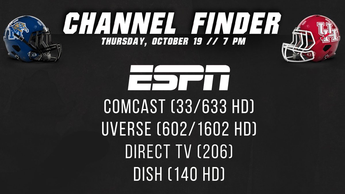 UHCougarFB's tweet photo. CHANNEL FINDER | #HTownTakeover vs. Memphis on @espn Thursday at 7 pm #GoCoogs https://t.co/F6ng90kf4N