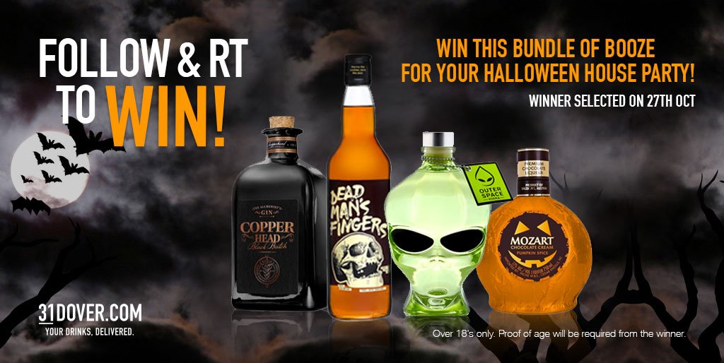 31DOVER's tweet photo. Follow &amp; RT to #WIN this incredible boozy bundle for your #Halloween party 👻🎃 Ends tomorrow! Good Luck https://t.co/0gCnAKT6og