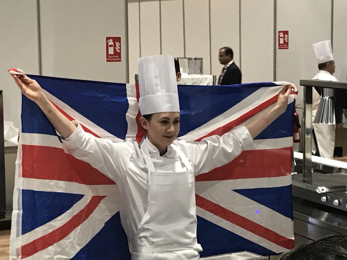 worldskillsuk's tweet photo. Well done @ruth0310 for crossing the finishing line after four days of cooking at @WorldSkillsAD #TeamUK https://t.co/hlYAE2TnFp