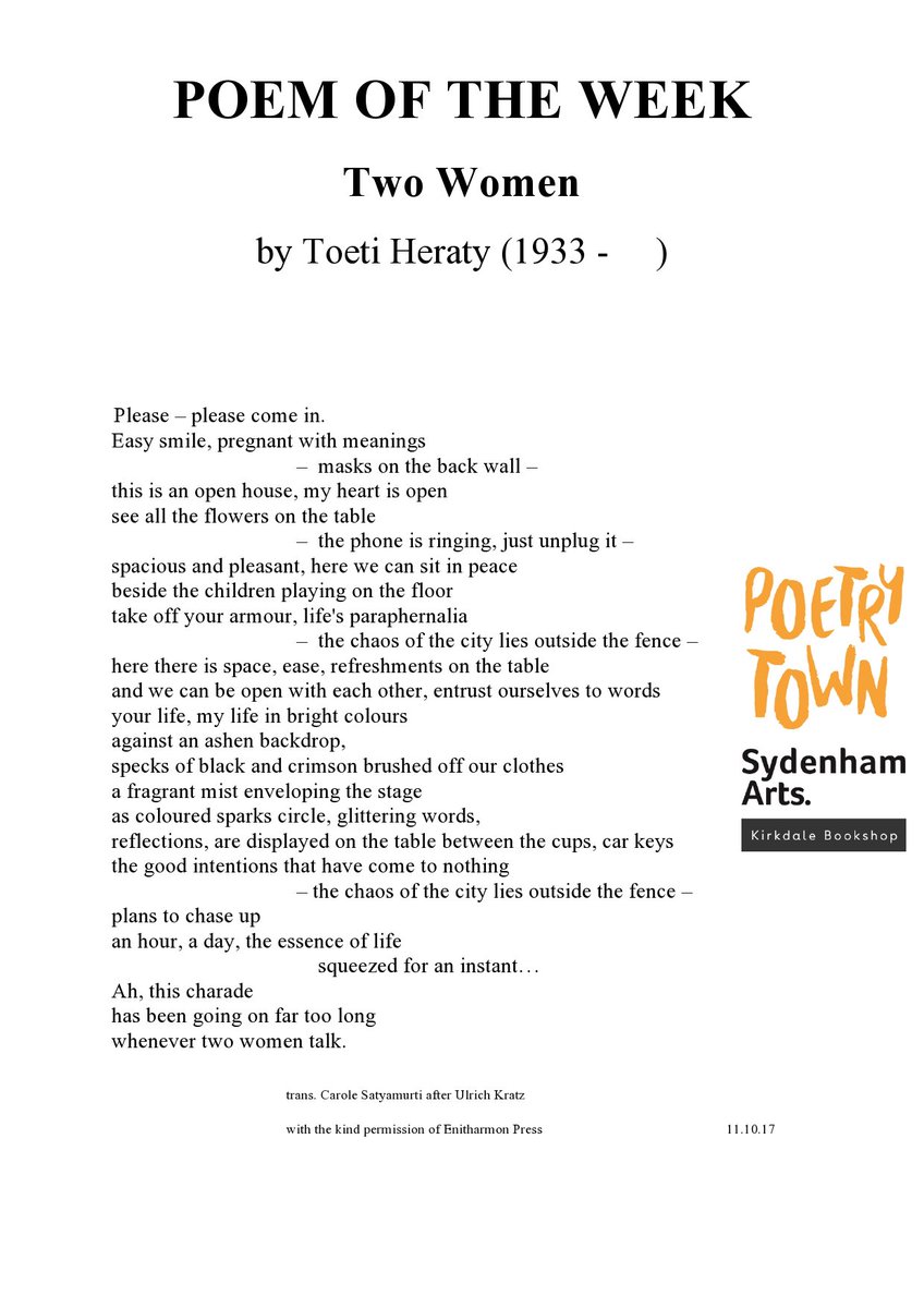 Our Poem of the Week Two Women by Toeti Heraty #poetry #SE26 #Sydenham <a href="/KirkdaleBooks/">Kirkdale Bookshop</a> <a href="/apoetrytown/">A Poetry Town</a>