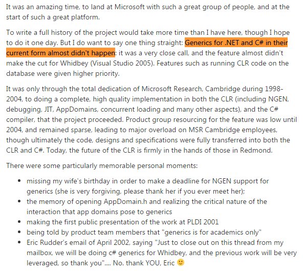 matthewwarren's tweet photo. A reminder that C# devs owe @dsyme and his team a big thanks, they got generics into the language https://t.co/DlrKQ7kVOw fascinating read! https://t.co/alAs3T6dlY