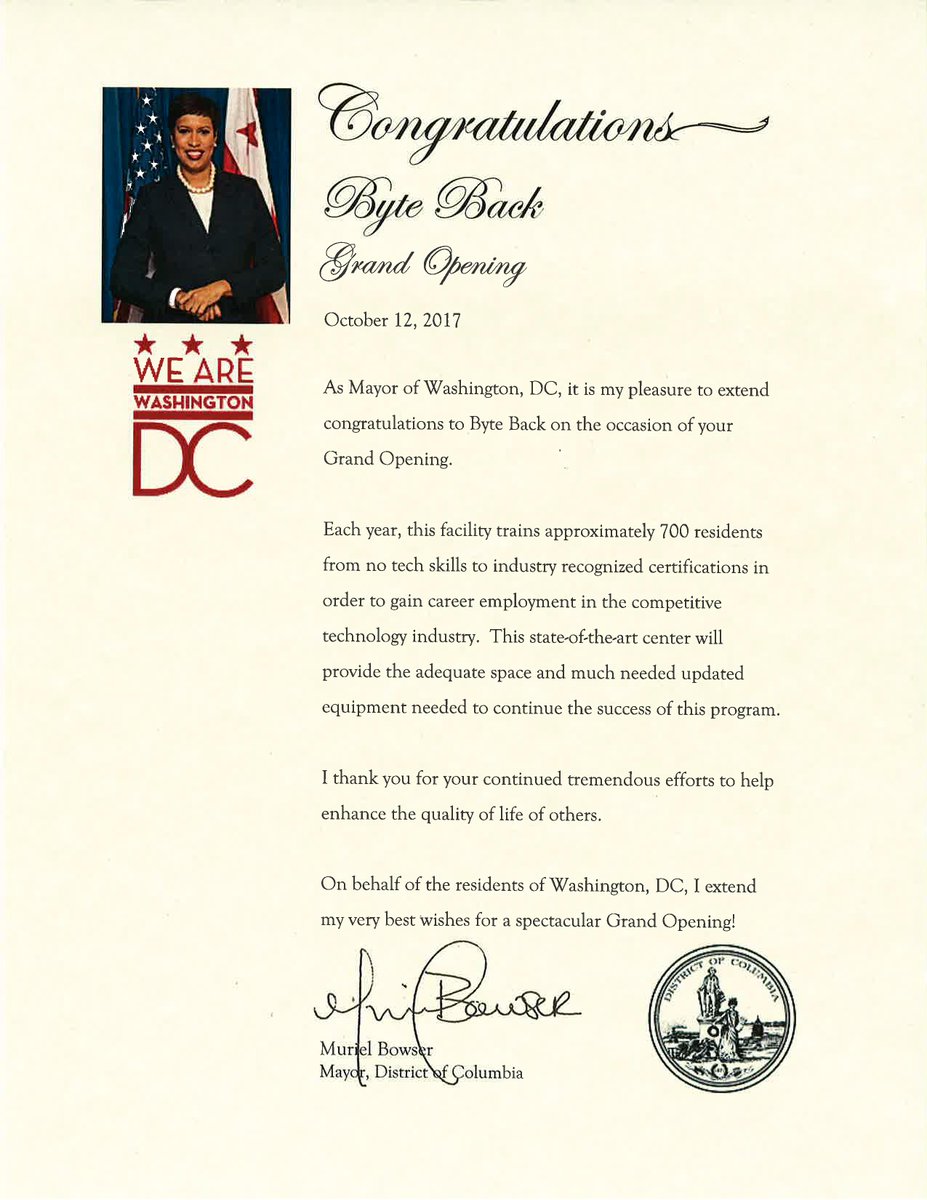 We_ByteBack's tweet photo. Wonderful words of encouragement from @MayorBowser for our Grand Opening. Thank you for your commitment to closing DC's #digitaldivide! https://t.co/vsLZh1SBdR