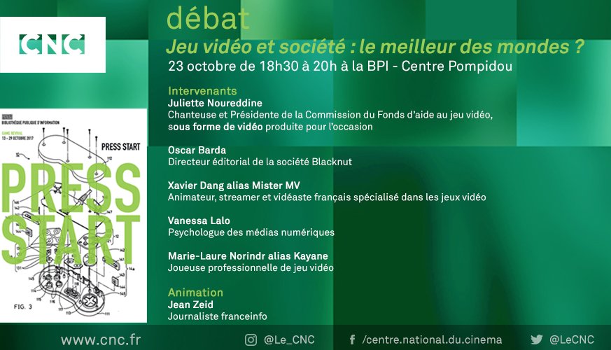 Assistez au #débat #Jeuvidéo et société le 23 octobre à la <a href="/Bpi_Pompidou/">Bibliothèque publique d'information</a>  cnc.fr/web/fr/eveneme…