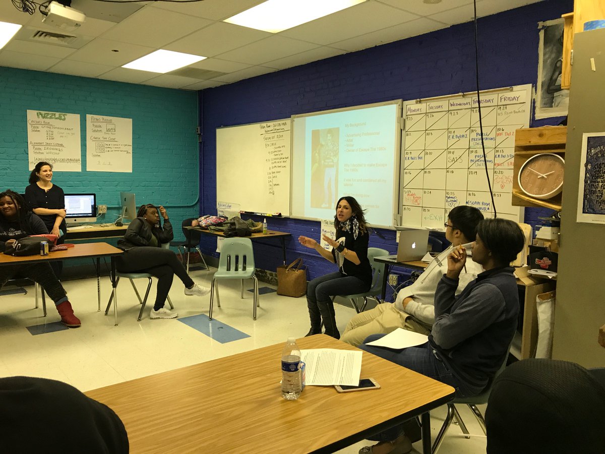WorkshopSchool's tweet photo. Ms. Rowe's students meet with @EscapeThe1980s founder Elisabeth Garson to get feedback on their Escape room ideas. https://t.co/oru5rcYXXQ