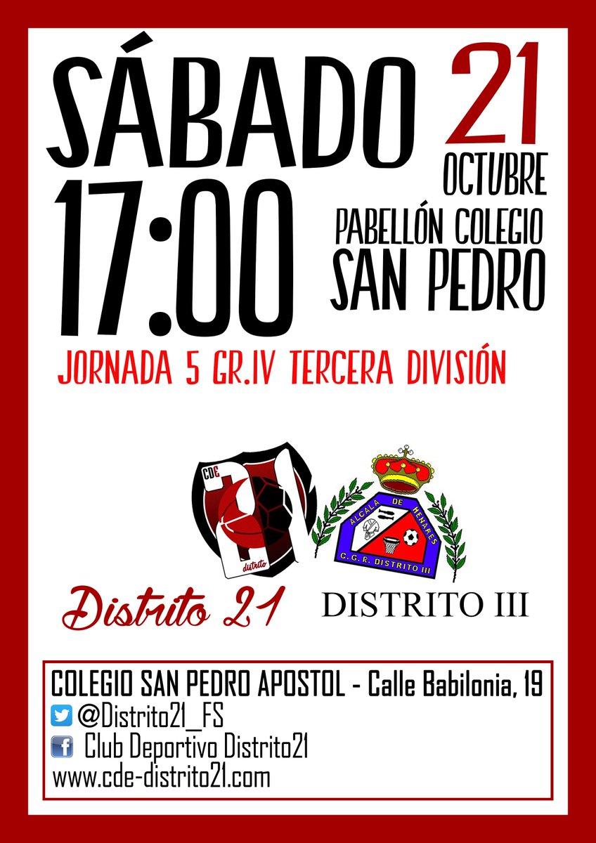 Distrito21_FS's tweet photo. ⚠️ATENCIÓN⚠️ Nuestro equipo SENIOR juega este sábado a las 17:00 en casa y tú no te lo puedes perder. ¡VEN A ANIMAR! #123distrito⚫️🔴⚫️🔴 https://t.co/O51y57oBw9