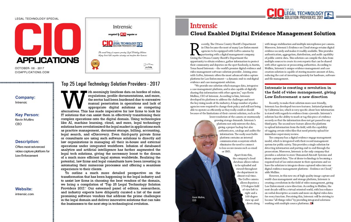 Intrensic's tweet photo. CIO recognizes Intrensic CEO Kevin Mullins and our Cloud Based Digital Evidence Management solution as a Top 25 Legal Technology Provider. https://t.co/laB67HgqDB