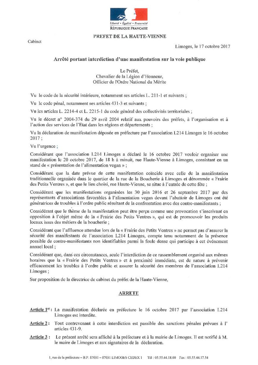 EchoHauteVienne's tweet photo. Après la demande de l'association L.214 de tenir un stand #vegan sur la #frairie des #PetitsVentres, le @Prefet87 dit "non" dans un arrêté. https://t.co/IS83xhUoIe