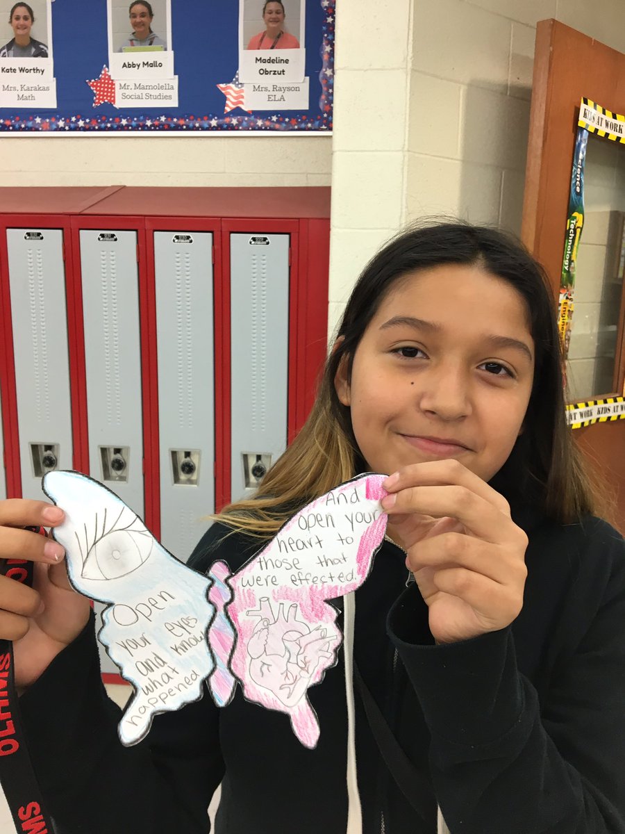 SofiaGeorgelos's tweet photo. "We have the responsibility to never forget." #OLHMS Ss take part in the @ButterflyPJCT. #HOPEtag #d123 https://t.co/gXBv9SCdhx