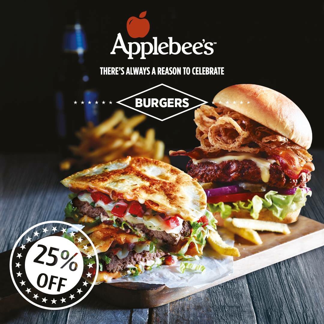 There is always a reason to celebrate! 
 
Get 25% discount in all Applebee’s #Burger Items on #Talabat till 12th Nov 2017.