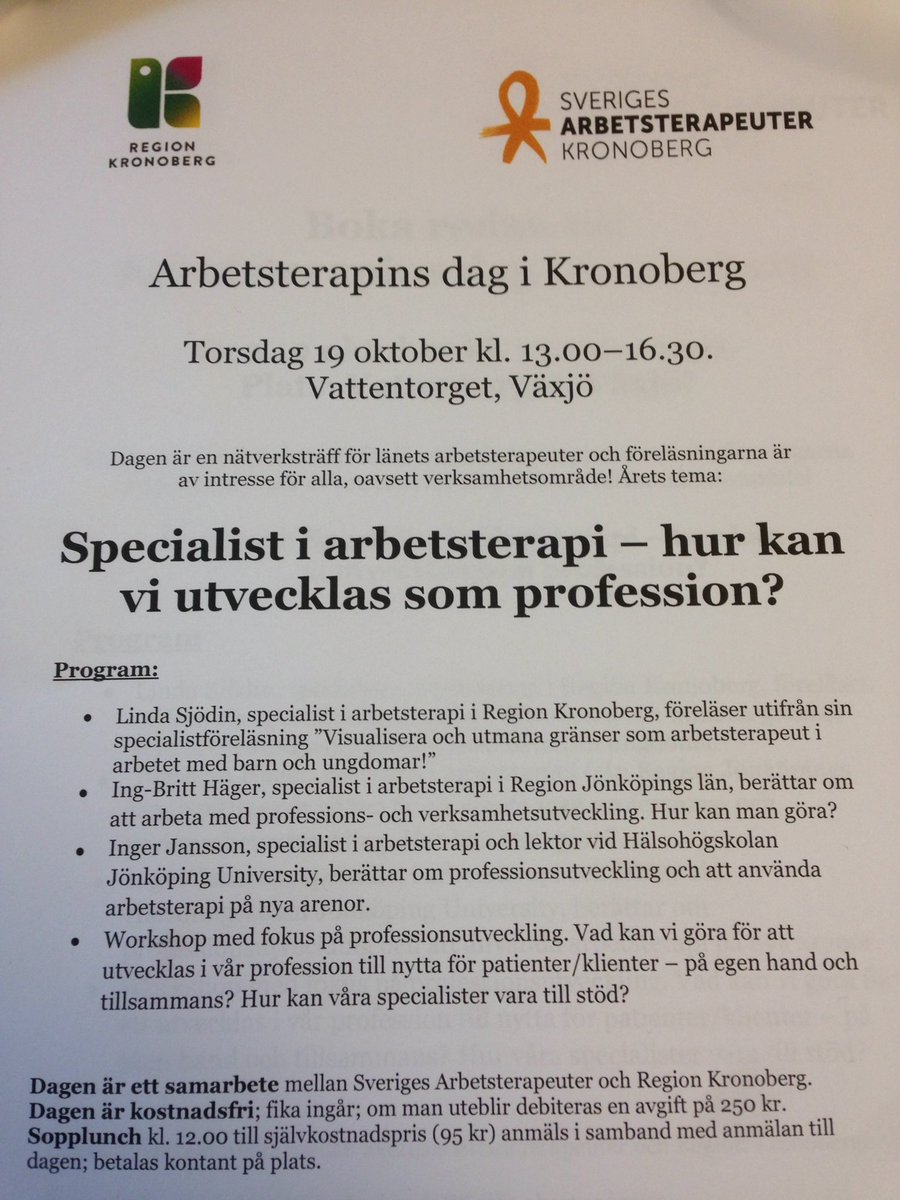 mrsLSjodin's tweet photo. Arbetsterapins dag i Kronoberg i morgon. Ser fram emot spännande dialoger om hur vi kan utvecklas som profession tillsammans.#arbetsterapeut https://t.co/wjUMKRiV78