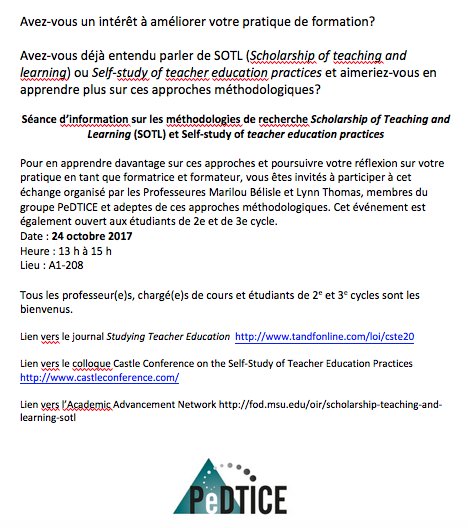 PeDTICE's tweet photo. OUVERT À TOUS: @PeDTICE vous invite à une séance d’information sur le SoTL et le self-study. Le 24 octobre à 13h, au A1-208 de l'UdeSherb. https://t.co/b31rTuSOYt