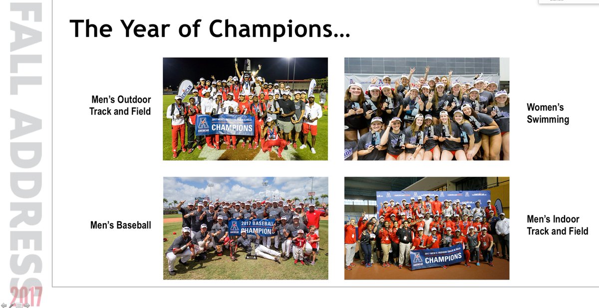 UHouston's tweet photo. Khator applauds year of championships β from menβs outdoor and indoor track & field, to womenβs swimming, to menβs baseball. #UHFallAddress https://t.co/WkegPuKGAk