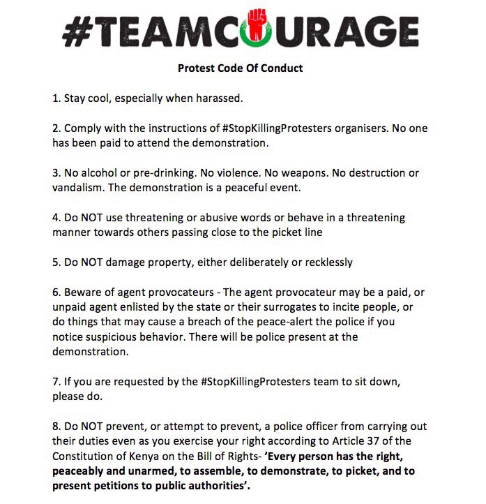 bonifacemwangi's tweet photo. We have notified the police about tomorrow’s March on #StopKillingProtesters. Here is the code of conduct, safety protocol plus dress code. https://t.co/DXu7rGzVgE