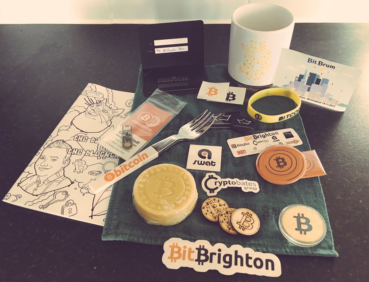 BitBrighton's tweet photo. Goodies in our thankyou bags for supporters inc: @ether_cards, @CoinJournal comics, @OPENDIME, @vauxpay mugs,@CrownPlatform merch, #BitSoap https://t.co/cI54HPr5uq