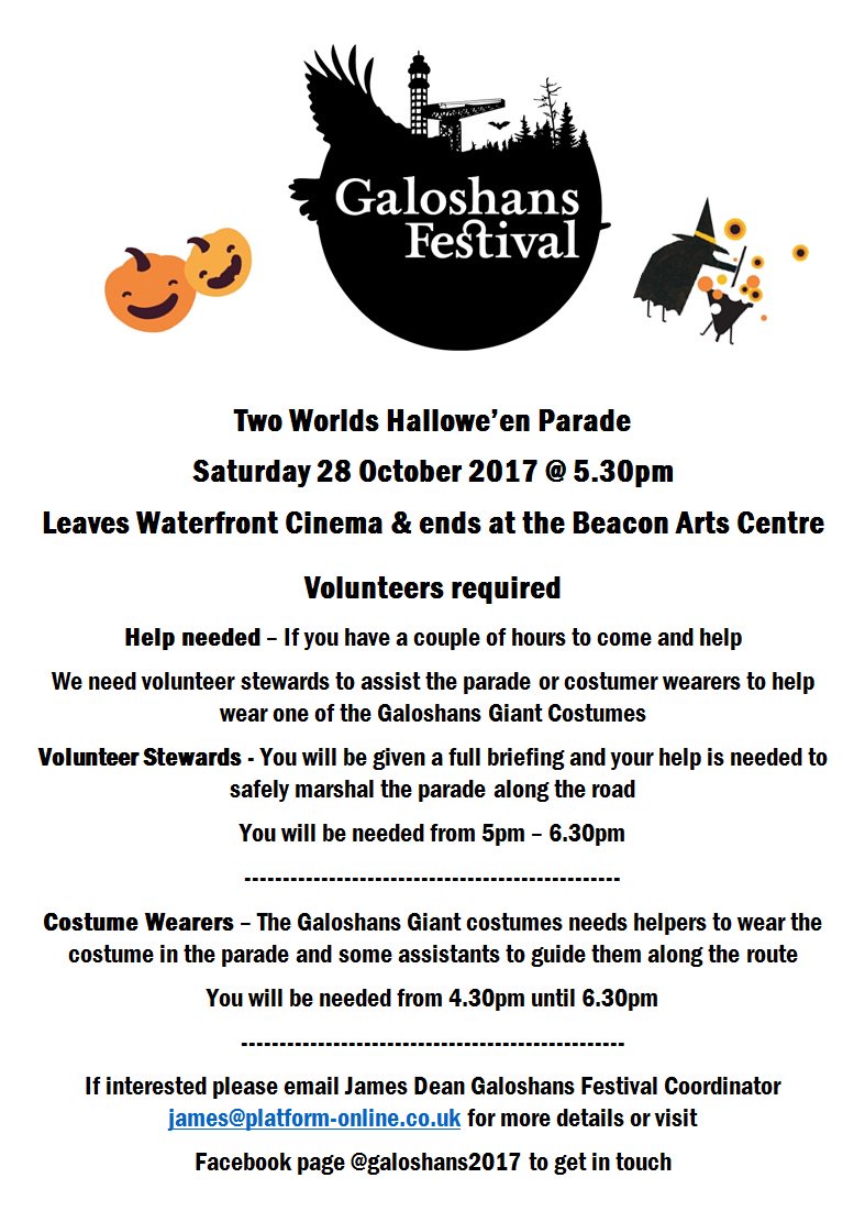 The #Galoshans Festival 2017 are looking for volunteers for the parade taking place on 28 October. @RIGArtsGreenock <a href="/thebeaconarts/">Beacon Arts Centre</a>