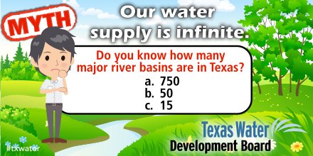 twdb's tweet photo. How many major river basins are in Texas? Leave your answer in the comments and check back tomorrow! #watermyth #txwater https://t.co/WlmmVG7spv