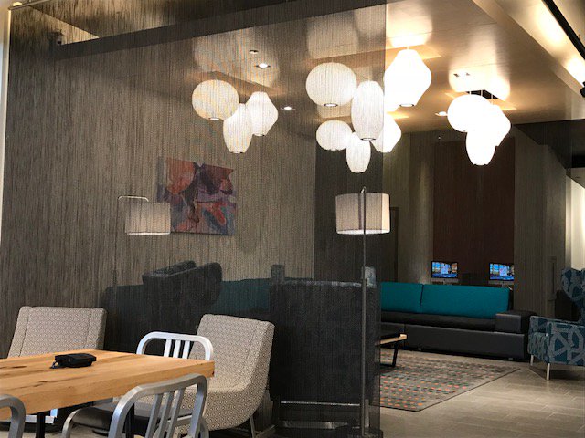 TuxedoHD's tweet photo. Our window treatment packages include unique pieces like this shimmer screen we recently installed at the #Aloft South Bend. #hotelnews https://t.co/qWB0sGmD7D