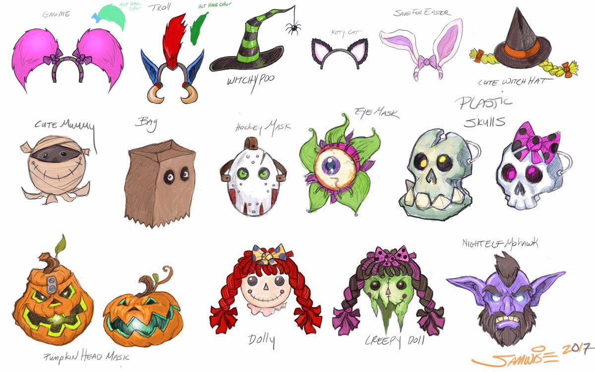BlizzHeroes's tweet image. Which would you wear? 

✏️ @SamwiseDidier | Halloween Masks &amp;amp; Hats Concept Art