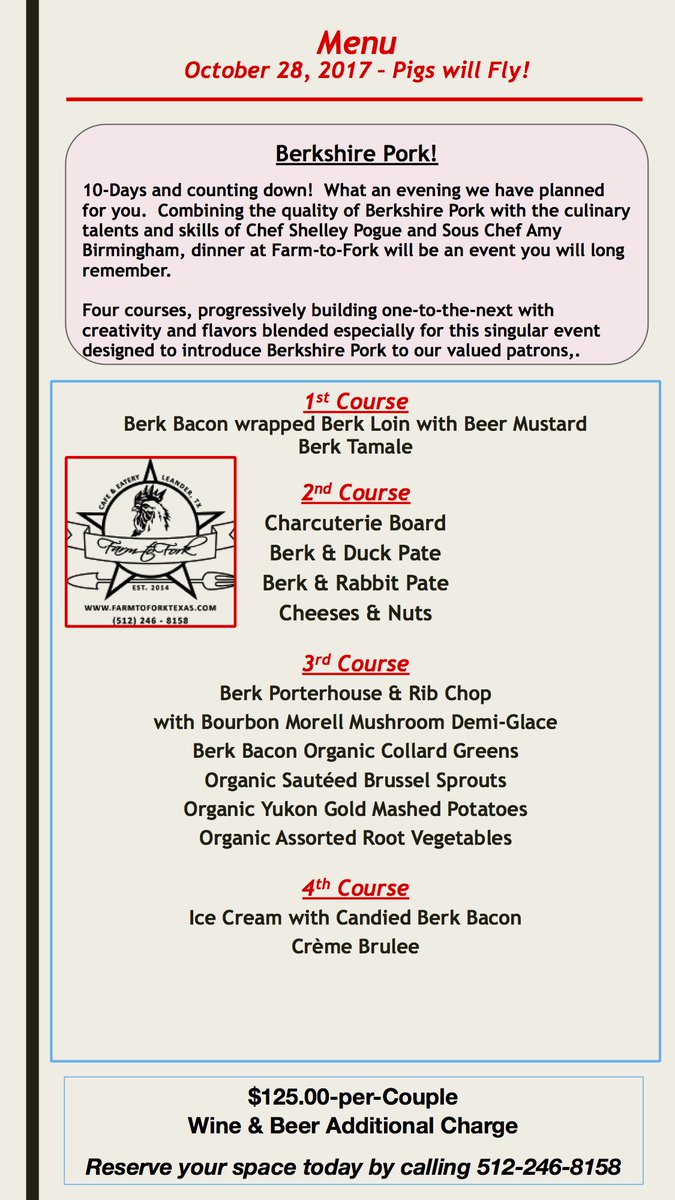 FarmtoForkTexas's tweet photo. Save the date October the 27th for #PigOut #PigsWillFly #BerkshirePork Menu #FarmToForkTexas #FoodLeander #Leander #ATXEats https://t.co/Ou2nqcHEbU