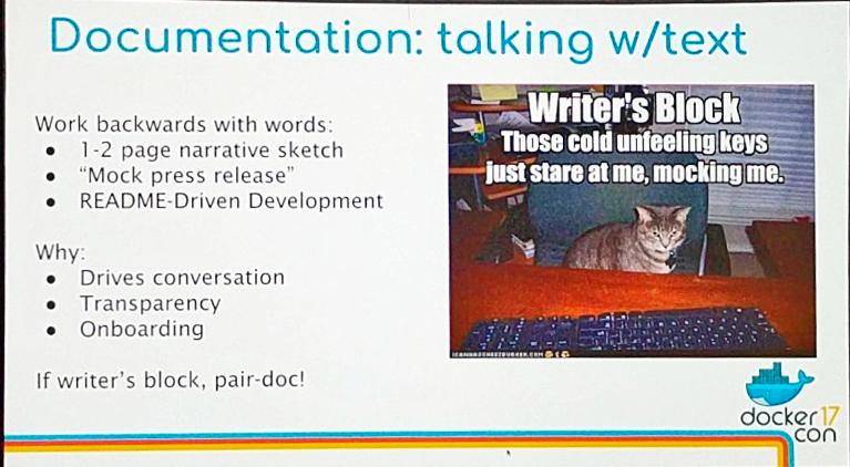 mikkelbernhof's tweet image. Docs = talking w/text. Yet another great reason to #writethedocs! @LauritaApplez on communication @DockerCon #codeopen @thecodeteam