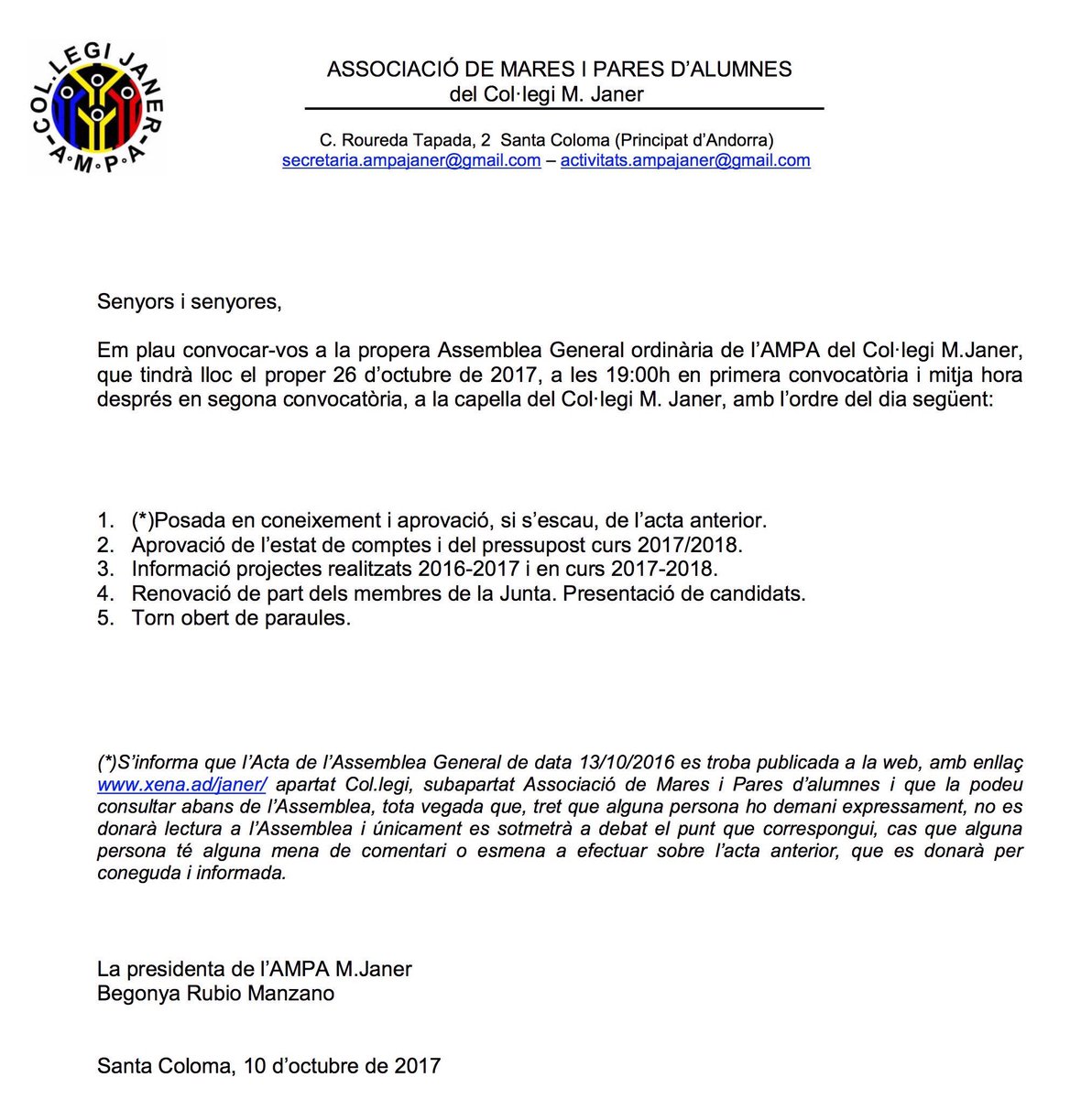 Assemblea General proper 26 d’Octubre