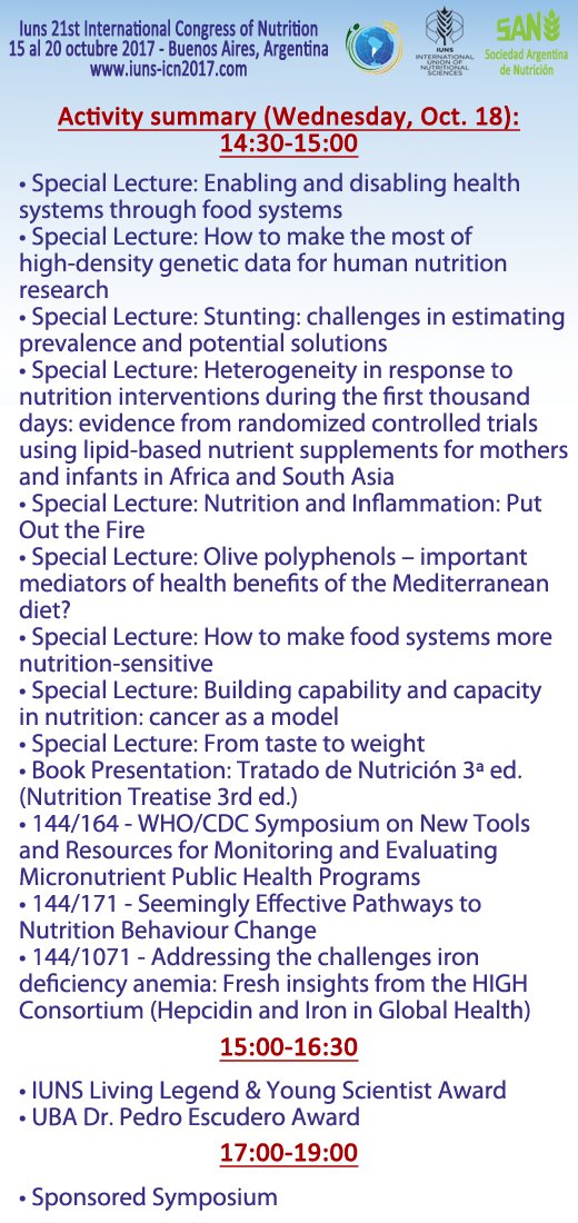 21ICN2017's tweet photo. Activities of Wednesday 18th.
Link: https://t.co/IVBEOjItW9
#IUNS #IUNS2017 #nutrition #Nutrición #ICN2017 https://t.co/2O0c2MW0YB