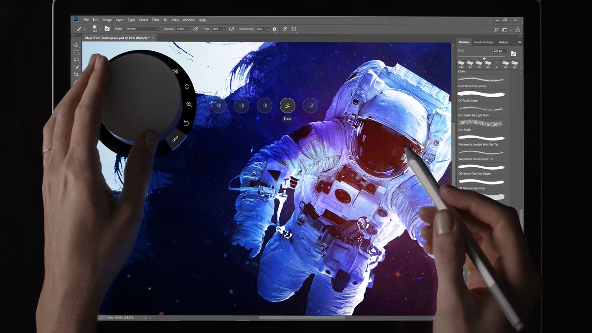 tomwarren's tweet photo. Adobe Photoshop now supports Microsoft’s Surface Dial https://t.co/eWKx0axNfW https://t.co/Xu2CSgUcuh