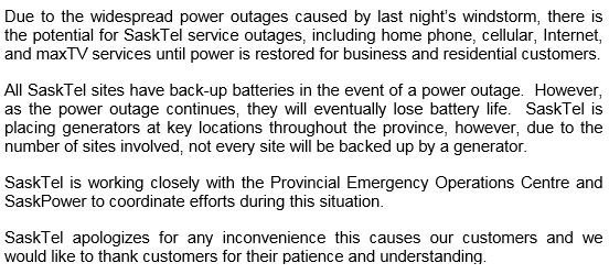SaskTel's tweet photo. There is the potential for SaskTel service outages due to power outages from the windstorm. Service notifications: https://t.co/mp1JNewRzk https://t.co/tSKr7wS3lR