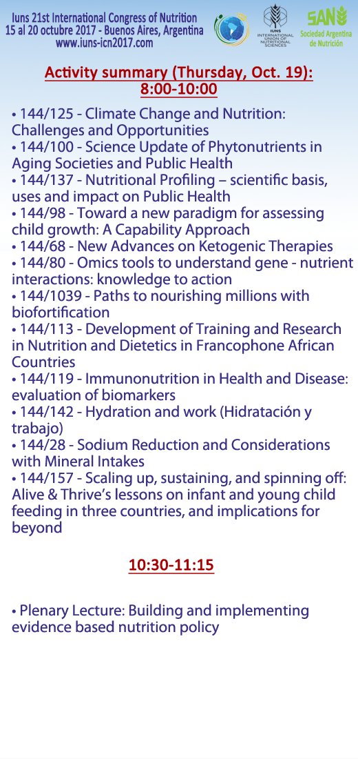 21ICN2017's tweet photo. Don't miss out activities of Thursday 19th.
Link: https://t.co/IVBEOjItW9
#IUNS #IUNS2017 #nutrition #Nutrición #ICN2017 https://t.co/4JhenIGZ0a